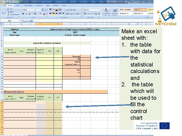 Make an excel sheet with: 1. the table with data for the statistical calculations