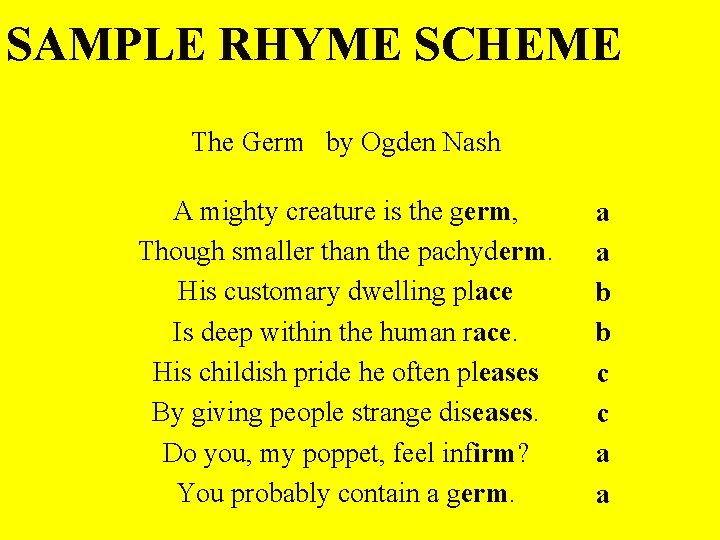 SAMPLE RHYME SCHEME The Germ by Ogden Nash A mighty creature is the germ, SAMPLE RHYME SCHEME The Germ by Ogden Nash A mighty creature is the germ,