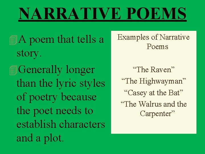 NARRATIVE POEMS 4 A poem that tells a story. 4 Generally longer than the NARRATIVE POEMS 4 A poem that tells a story. 4 Generally longer than the