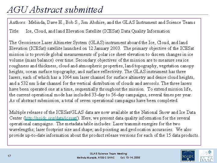 AGU Abstract submitted Authors: Melinda, Dave H. , Bob S. , Jim Abshire, and AGU Abstract submitted Authors: Melinda, Dave H. , Bob S. , Jim Abshire, and