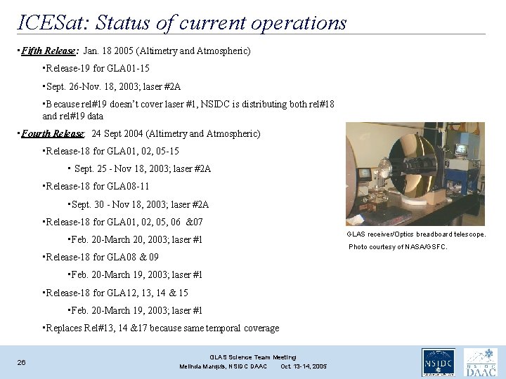 ICESat: Status of current operations • Fifth Release: Jan. 18 2005 (Altimetry and Atmospheric) ICESat: Status of current operations • Fifth Release: Jan. 18 2005 (Altimetry and Atmospheric)