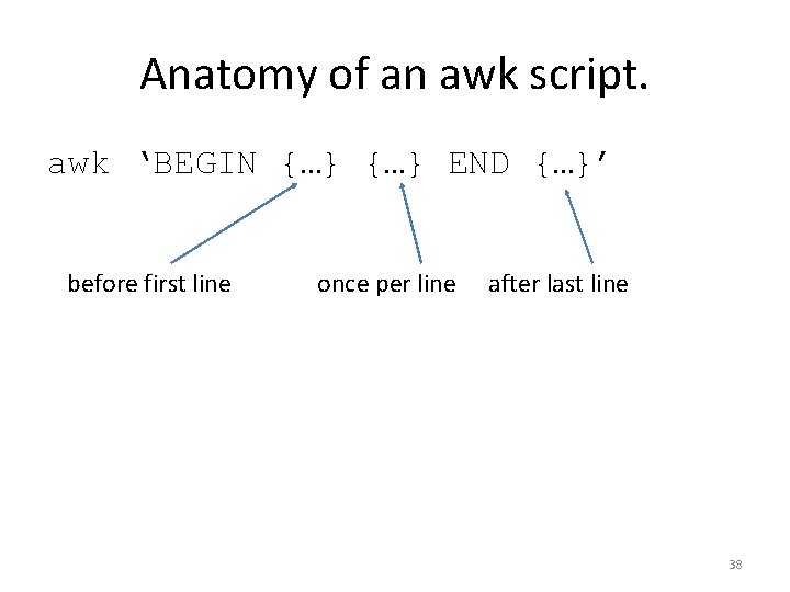Anatomy of an awk script. awk ‘BEGIN {…} END {…}’ before first line once Anatomy of an awk script. awk ‘BEGIN {…} END {…}’ before first line once