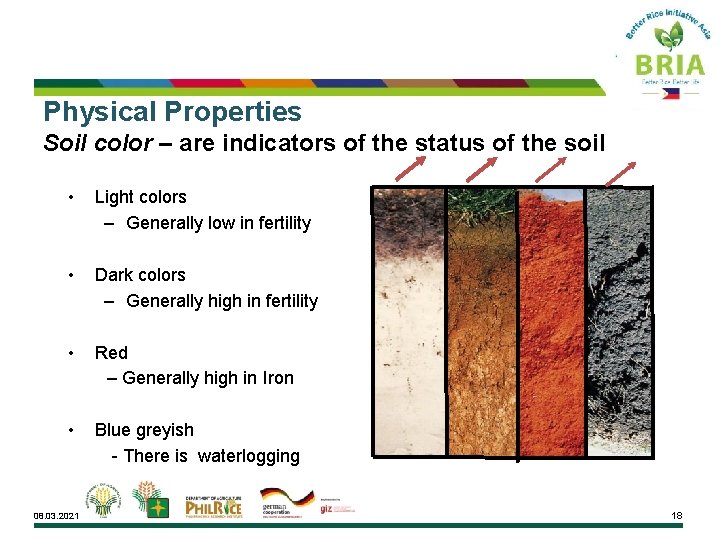 Physical Properties Soil color – are indicators of the status of the soil •