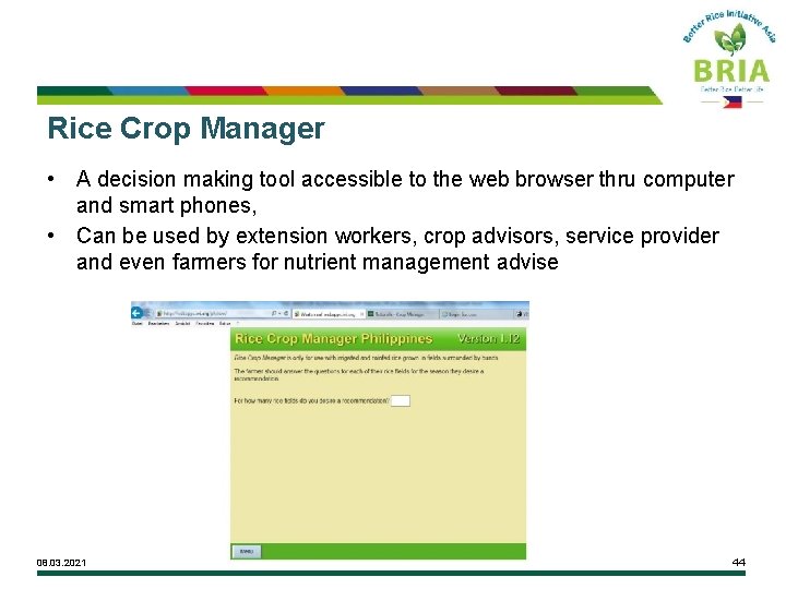 Rice Crop Manager • A decision making tool accessible to the web browser thru