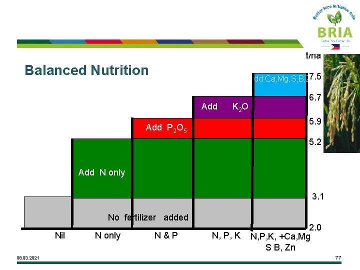 t/ha Balanced Nutrition 7. 5 Add Ca, Mg, S, B, Zn Add K 2