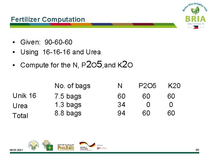 Fertilizer Computation • Given: 90 -60 -60 • Using 16 -16 -16 and Urea