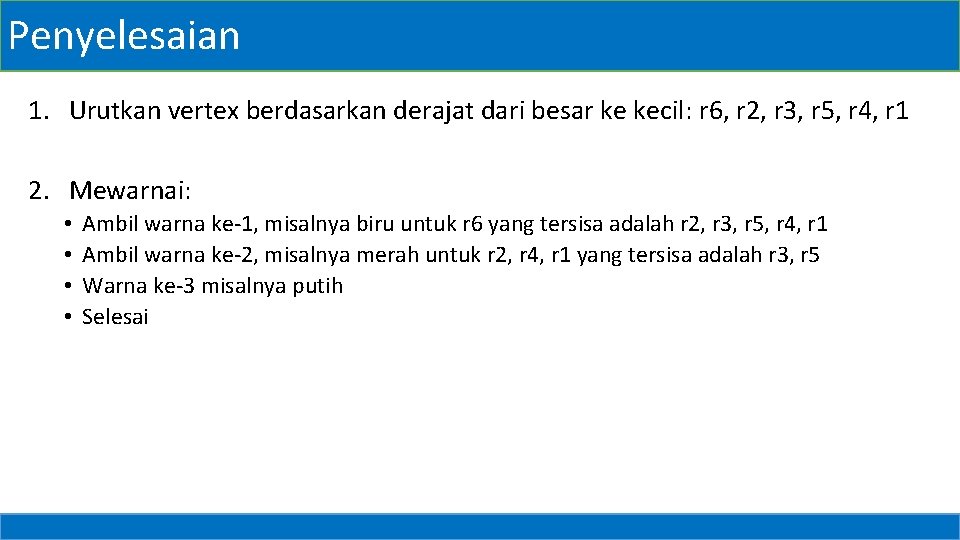 Penyelesaian 1. Urutkan vertex berdasarkan derajat dari besar ke kecil: r 6, r 2,