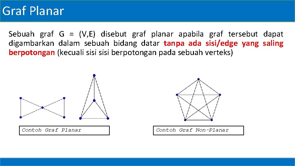 Graf Planar Sebuah graf G = (V, E) disebut graf planar apabila graf tersebut