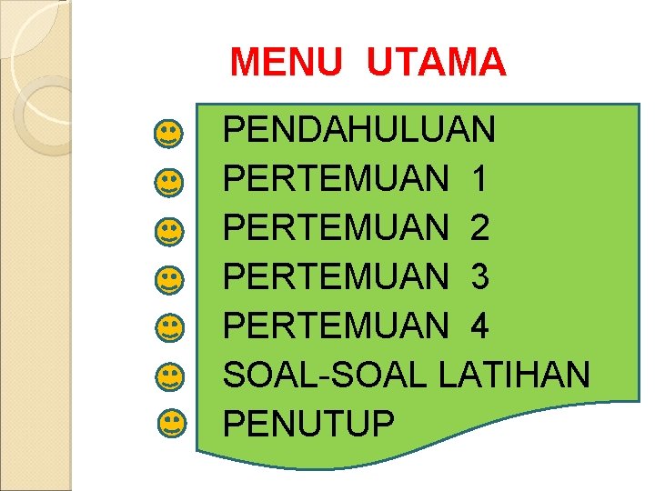 MENU UTAMA PENDAHULUAN PERTEMUAN 1 PERTEMUAN 2 PERTEMUAN 3 PERTEMUAN 4 SOAL-SOAL LATIHAN PENUTUP