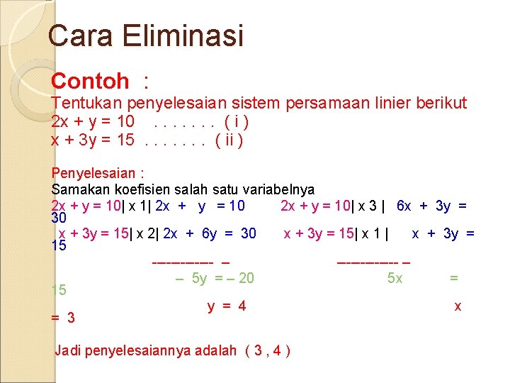 Cara Eliminasi Contoh : Tentukan penyelesaian sistem persamaan linier berikut 2 x + y