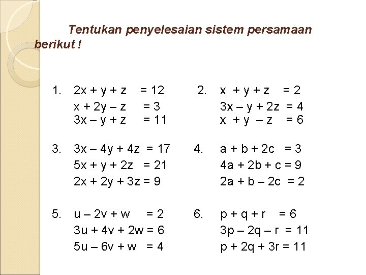 Tentukan penyelesaian sistem persamaan berikut ! 1. 2 x + y + z x