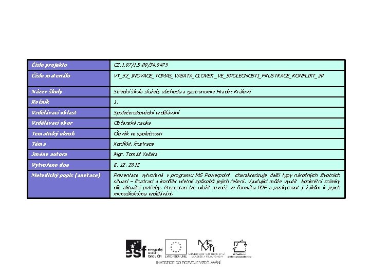 Číslo projektu CZ. 1. 07/1. 5. 00/34. 0479 Číslo materiálu VY_32_INOVACE_TOMAS_VASATA_CLOVEK _VE_SPOLECNOSTI_FRUSTRACE_KONFLIKT_20 Název školy