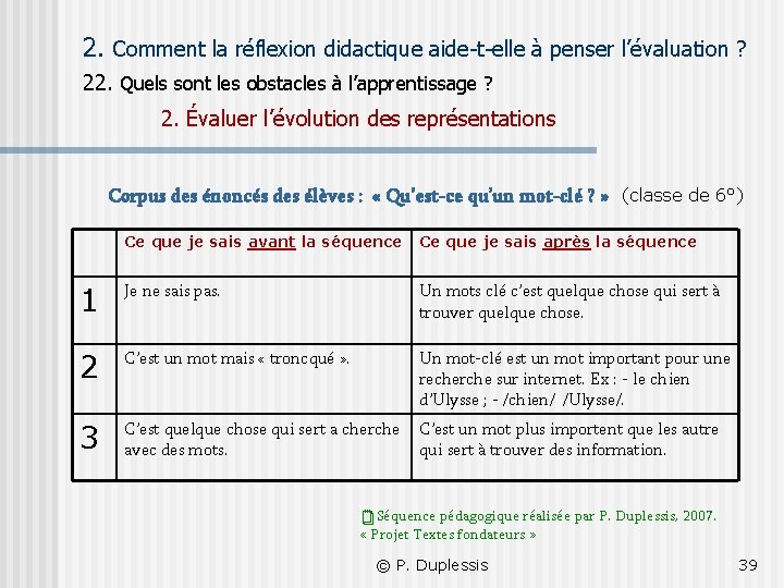 2. Comment la réflexion didactique aide-t-elle à penser l’évaluation ? 22. Quels sont les