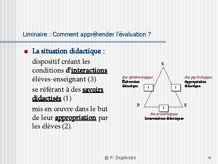 Liminaire : Comment appréhender l’évaluation ? n La situation didactique : dispositif créant les