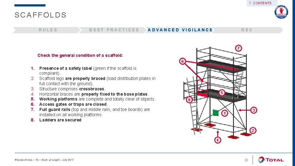 › CONTENTS SCAFFOLDS RULES BEST PRACTICES ADVANCED VIGILANCE REX 7 Check the general condition