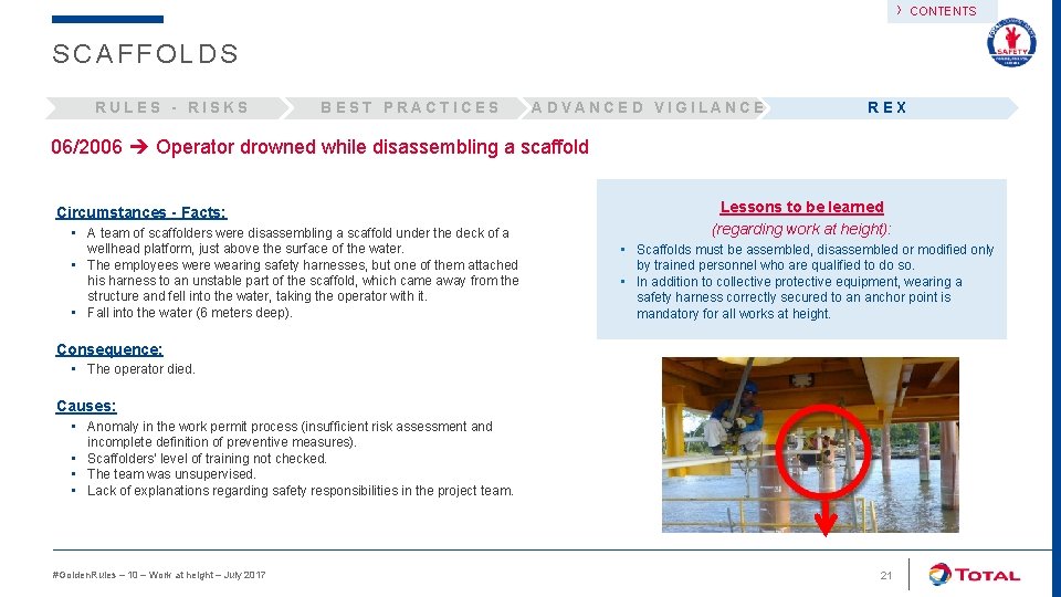 › CONTENTS SCAFFOLDS RULES - RISKS BEST PRACTICES ADVANCED VIGILANCE REX 06/2006 Operator drowned