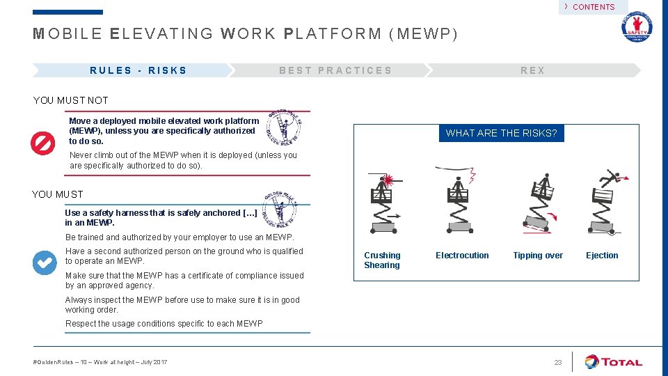 › CONTENTS MOBILE ELEVATING WORK PLATFORM (MEWP) RULES - RISKS BEST PRACTICES REX YOU
