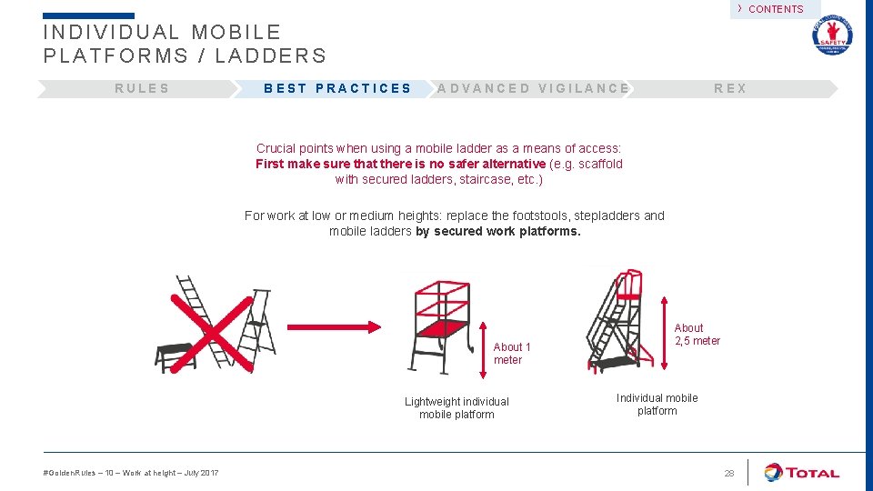 › INDIVIDUAL MOBILE PLATFORMS / LADDERS RULES BEST PRACTICES ADVANCED VIGILANCE REX Crucial points