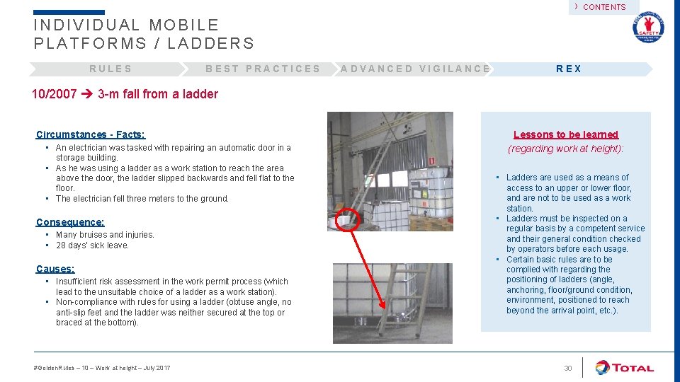 › CONTENTS INDIVIDUAL MOBILE PLATFORMS / LADDERS RULES BEST PRACTICES ADVANCED VIGILANCE REX 10/2007