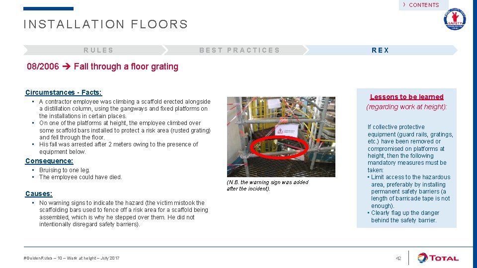 › CONTENTS INSTALLATION FLOORS RULES BEST PRACTICES REX 08/2006 Fall through a floor grating