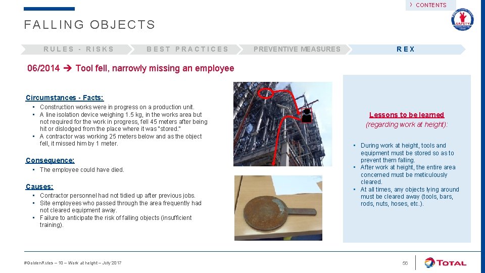 › CONTENTS FALLING OBJECTS RULES - RISKS BEST PRACTICES PREVENTIVE MEASURES REX 06/2014 Tool