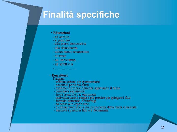 Finalità specifiche • Educazioni - all’ascolto - al pensiero - alla prassi democratica -