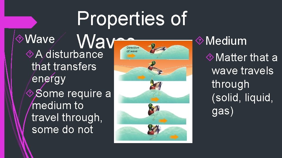 Properties of Waves Wave A disturbance that transfers energy Some require a medium to Properties of Waves Wave A disturbance that transfers energy Some require a medium to