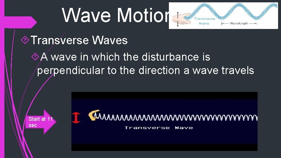Wave Motions Transverse Waves A wave in which the disturbance is perpendicular to the Wave Motions Transverse Waves A wave in which the disturbance is perpendicular to the