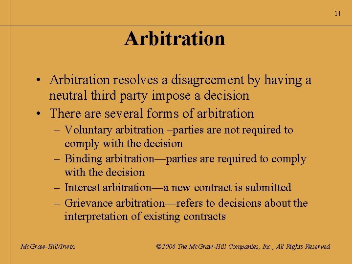 11 Arbitration • Arbitration resolves a disagreement by having a neutral third party impose