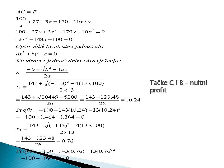 Tačke C i B – nultni profit 