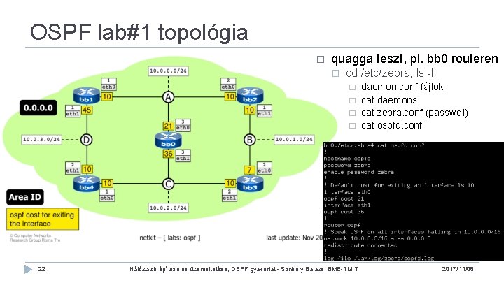 OSPF lab#1 topológia � quagga teszt, pl. bb 0 routeren � cd /etc/zebra; ls