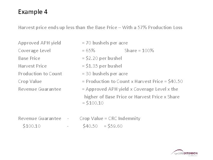 Example 4 Harvest price ends up less than the Base Price – With a