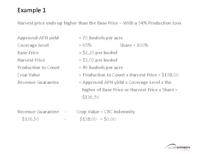 Example 1 Harvest price ends up higher than the Base Price – With a