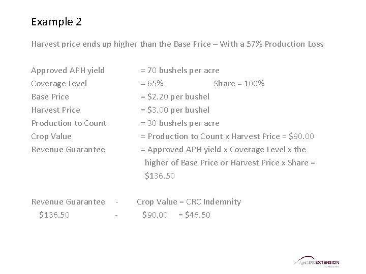 Example 2 Harvest price ends up higher than the Base Price – With a