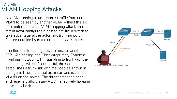 LAN Attacks VLAN Hopping Attacks A VLAN hopping attack enables traffic from one VLAN