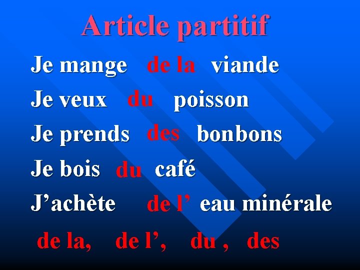 Article partitif Je mange de la viande Je veux du poisson Je prends des