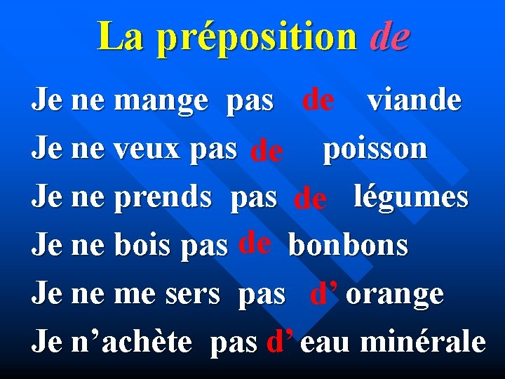 La préposition de Je ne mange pas de viande Je ne veux pas de