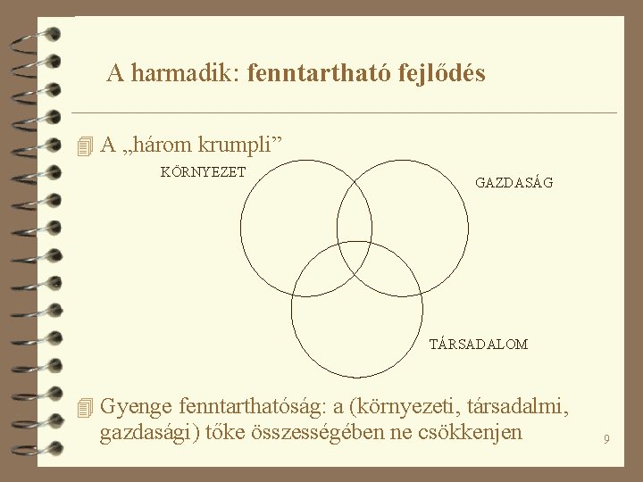 A harmadik: fenntartható fejlődés 4 A „három krumpli” KÖRNYEZET GAZDASÁG TÁRSADALOM 4 Gyenge fenntarthatóság: