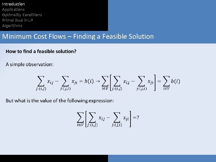 Introduction Applications Optimality Conditions Primal Dual in LP Algorithms Minimum Cost Flows – Finding