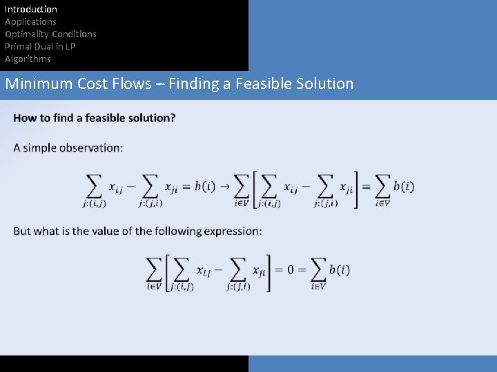 Introduction Applications Optimality Conditions Primal Dual in LP Algorithms Minimum Cost Flows – Finding