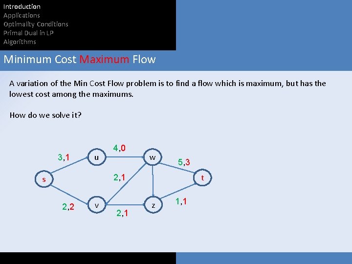 Introduction Applications Optimality Conditions Primal Dual in LP Algorithms Minimum Cost Maximum Flow A