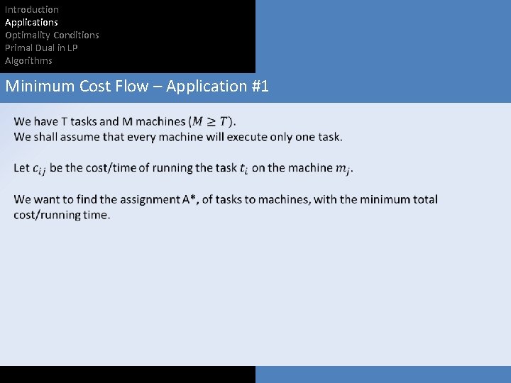 Introduction Applications Optimality Conditions Primal Dual in LP Algorithms Minimum Cost Flow – Application