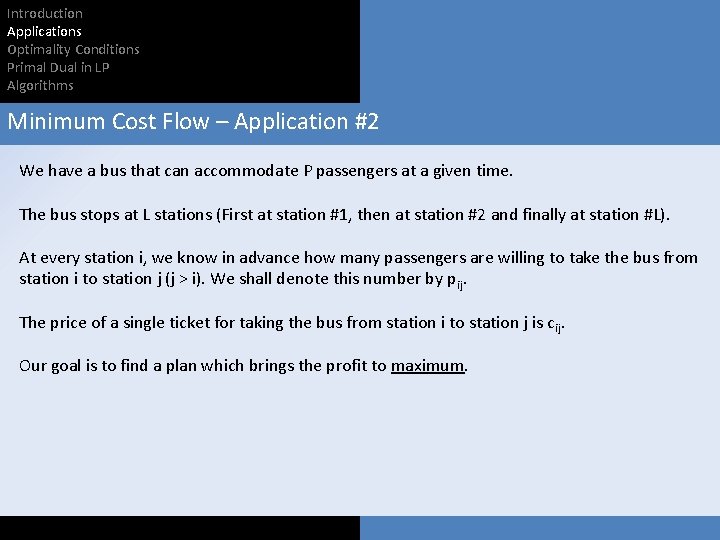 Introduction Applications Optimality Conditions Primal Dual in LP Algorithms Minimum Cost Flow – Application