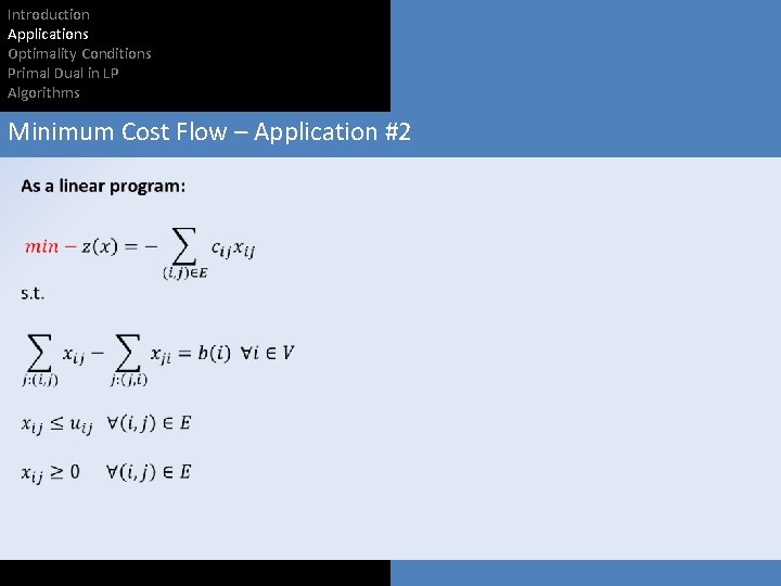 Introduction Applications Optimality Conditions Primal Dual in LP Algorithms Minimum Cost Flow – Application