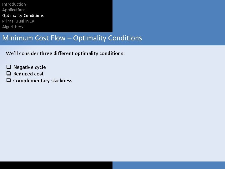 Introduction Applications Optimality Conditions Primal Dual in LP Algorithms Minimum Cost Flow – Optimality