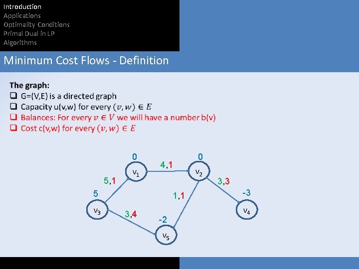 Introduction Applications Optimality Conditions Primal Dual in LP Algorithms Minimum Cost Flows - Definition