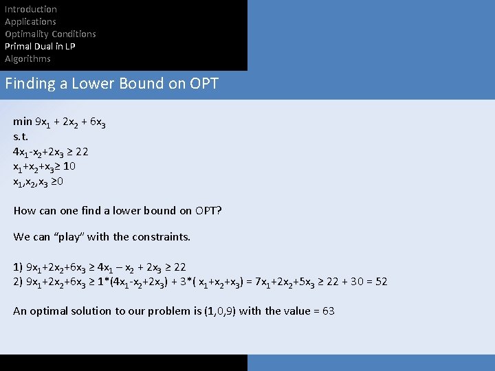 Introduction Applications Optimality Conditions Primal Dual in LP Algorithms Finding a Lower Bound on