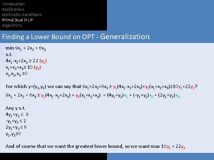 Introduction Applications Optimality Conditions Primal Dual in LP Algorithms Finding a Lower Bound on