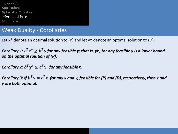 Introduction Applications Optimality Conditions Primal Dual in LP Algorithms Weak Duality - Corollaries 
