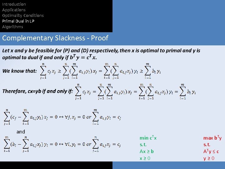 Introduction Applications Optimality Conditions Primal Dual in LP Algorithms Complementary Slackness - Proof min